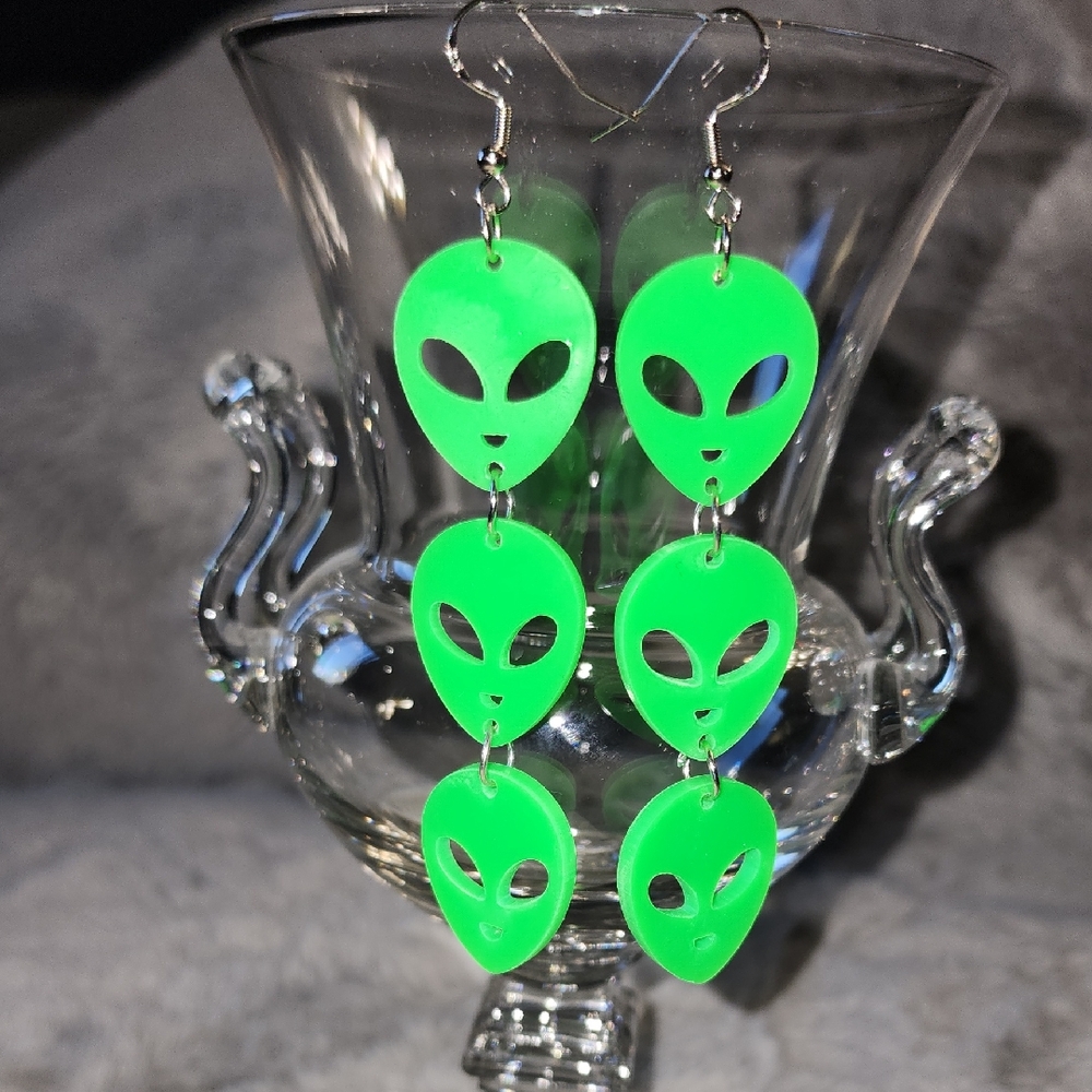 Green Alien Face Earrings Handmade NWOT